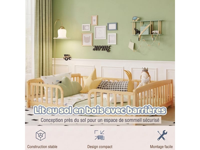  Lit au sol enfant 140x200 cm avec barrière de sécurité - bois de pin naturel accès central  - Conforama R
