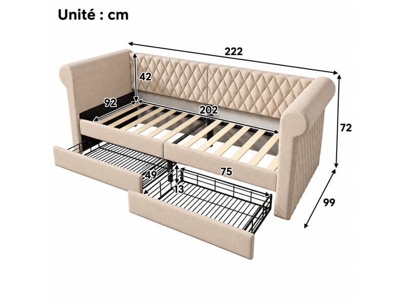  Lit banquette 90x200 cm avec rangement et dossier haut, lit simple enfantado, sans matelas, lin, beige  - Conforama C