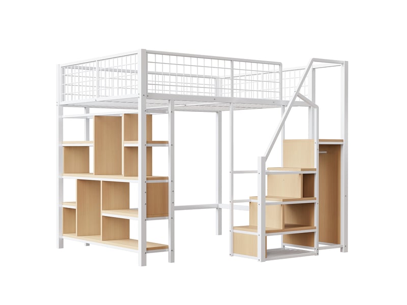  Lit mezzanine 140x200 cm en métal blanc, escalier, étagères et rangements multifonctions  - Conforama A