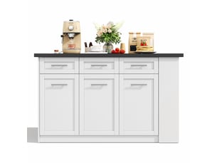 Îlot de cuisine 150 × 90 × 90 cm blanc, mdf, plateau effet marbre noir et blanc, table extensible 96 cm et rangements