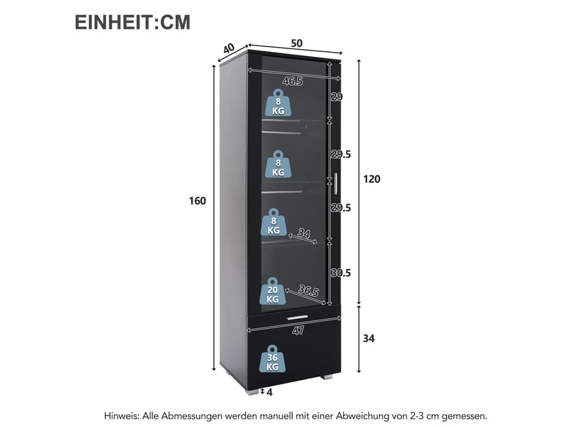 Vitrine led avec 3 étagères en verre, porte en acrylique et rangement bas pour salon, noir, 40 × 50 × 160 cm - Conforama E