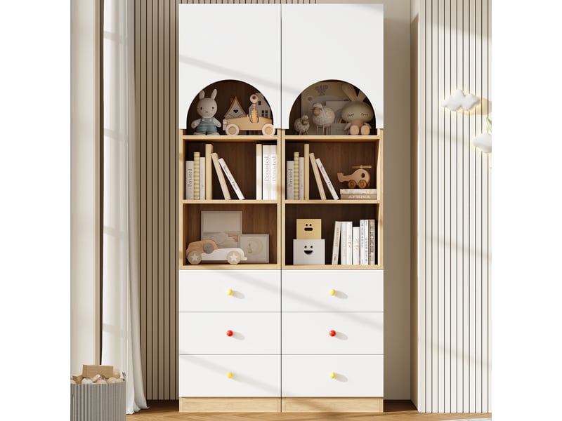  Lot de 2 bibliothèques blanc et bois en mdf, 100x50x200 cm ensemble, 3 tiroirs chacune, poignées céramique  - Conforama D