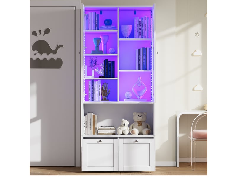  Vitrine led blanche avec portes vitrées cintrées et tiroirs, 80 x 35 x 180 cm, mdf et verre  - Conforama W