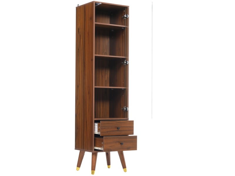  Armoire vitrine avec 3 étagères réglables et 2 tiroirs, meuble haut avec porte en verre à ouverture par pression, pour salon ou bureau, effet noyer Seren Glow - Conforama A