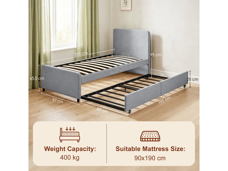  Lit gigogne 90x190 gris clair, cadre de lit simple double avec tête rembourrée  - Conforama E