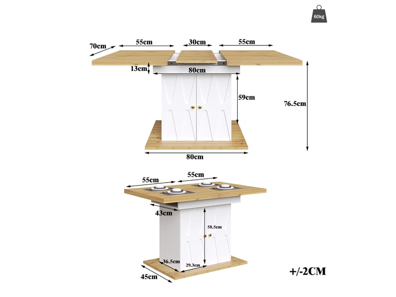  Table à manger extensible 110 à 140 cm blanche et bois clair, rangement intégré et décor relief élégant  - Conforama C