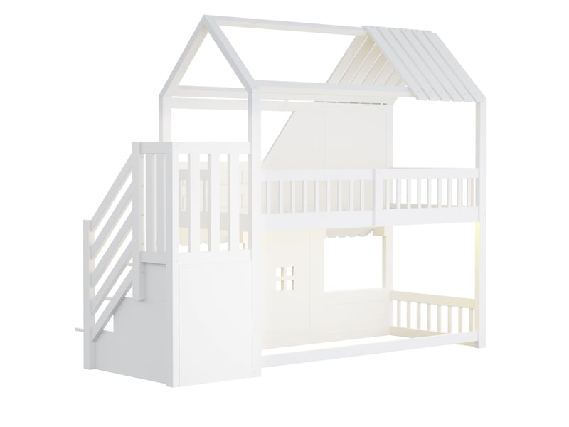 Lit superposé enfant 90x200 cm style maison blanc avec led, escalier de rangement et étagères, sans matelas - Conforama D