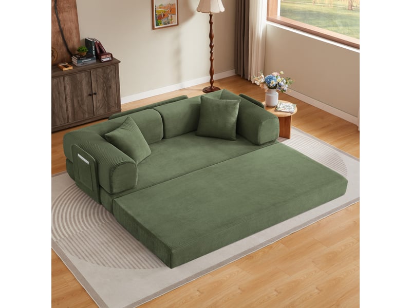 Canape droit convertible en velours côtelé, canapé-lit, mousse haute densité, structure acier, sans montage, pour salonchambre, vert - Conforama B