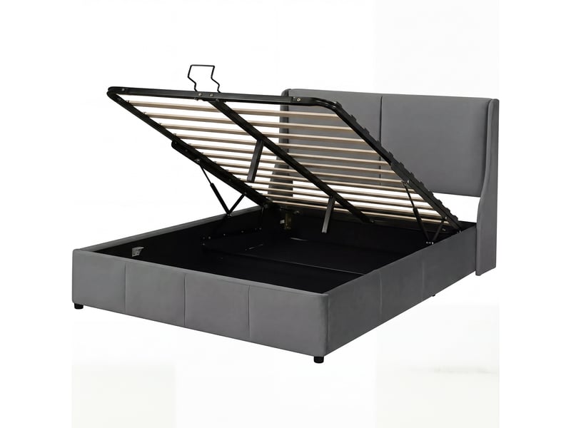  Lit coffre 140 x 190 avec rangement hydraulique, lit 2 personnes avec sommier à lattes et tête de lits rembourré, sans matelas, velours gris  - Conforama E