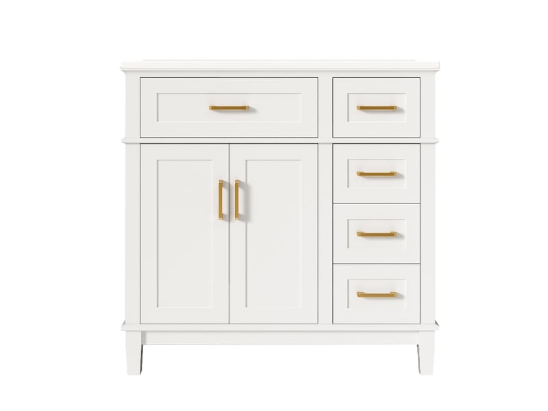  Meuble salle de bain sur pied blanc laqué 90 cm avec vasque en céramique intégrée et poignées dorées  - Conforama A