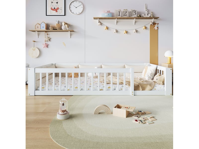  Elvmi lit plateforme 90x200 cm avec barrières de sécurité continues et coussins rembourrés, structure en bois massif et mdf, blanc, design sobre pour chambre d’enfant, d’adolescent ou d’appoint, montage requis  - Conforama B