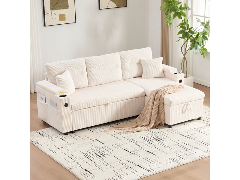  Canapé d'angle 3 places modenvie en velours côtelé beige avec méridienne, rangement, lit tiroir et usb c  - Conforama D