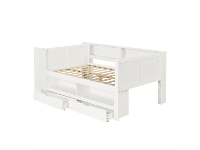  Lit simple 120x200 cm avec bureau, rangements et 2 tiroirs, bois blanc, sans matelas  - Conforama D