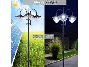 Lot de 3 lanternes solaires sur pied, métal noir, 60x55x189 cm, ip44, base pot de fleurs