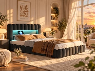 Lit coffre 180x200 cm - lit 2 places gris avec led et port usb - sommier relevable - rangement - matelas non inclus