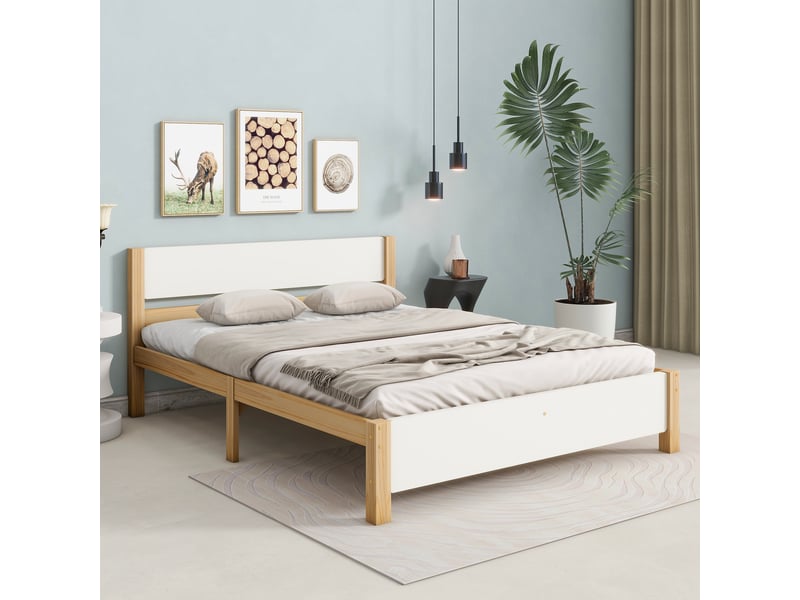  Cadre de lit sans matelas 140x200 cm bois massif pin, lit, meuble de chambre à coucher, lit en bois, lit double  - Conforama D