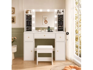 Coiffeuse 3 tiroir(s) Miroir LED intégrée avec 1 tabouret(s) inclu(s)  <strong>MODFU</strong> <strong></strong>  coloris blanc