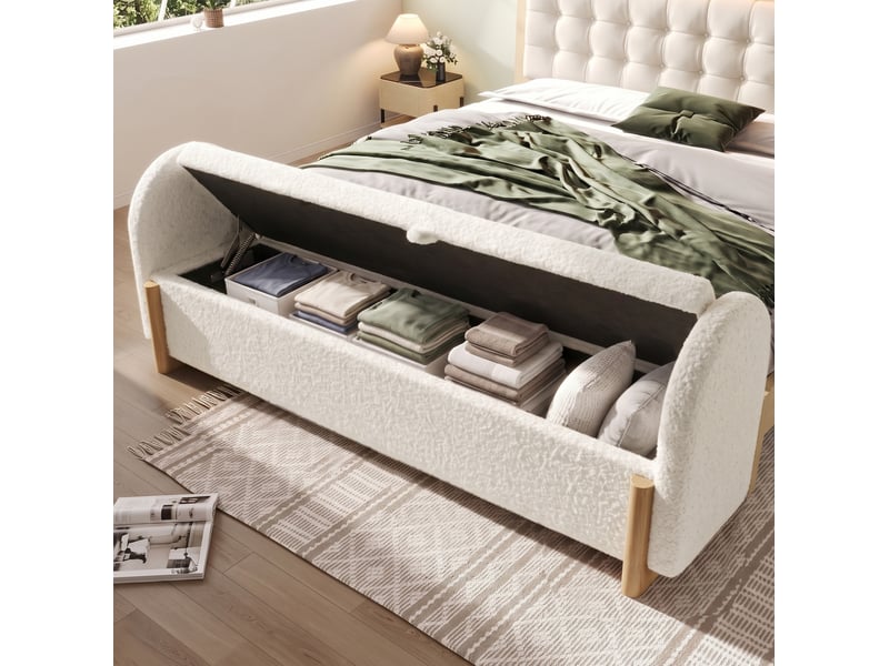  Banc de rangement 146 x 47 x 61 cm blanc en chenille bouclette, coffre hydraulique à fermeture douce  - Conforama B