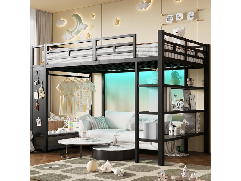  Lit mezzanine 140x200 cm avec placard ouvert, rangements, panneau perforé led, mdf,metal noir sans matelas  - Conforama E