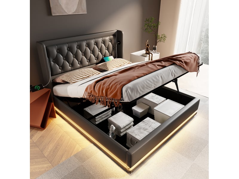  Lit double coffre hydraulique 180 x 200 cm noir en pu avec led et ports usbtype-c, sans matelas  - Conforama B