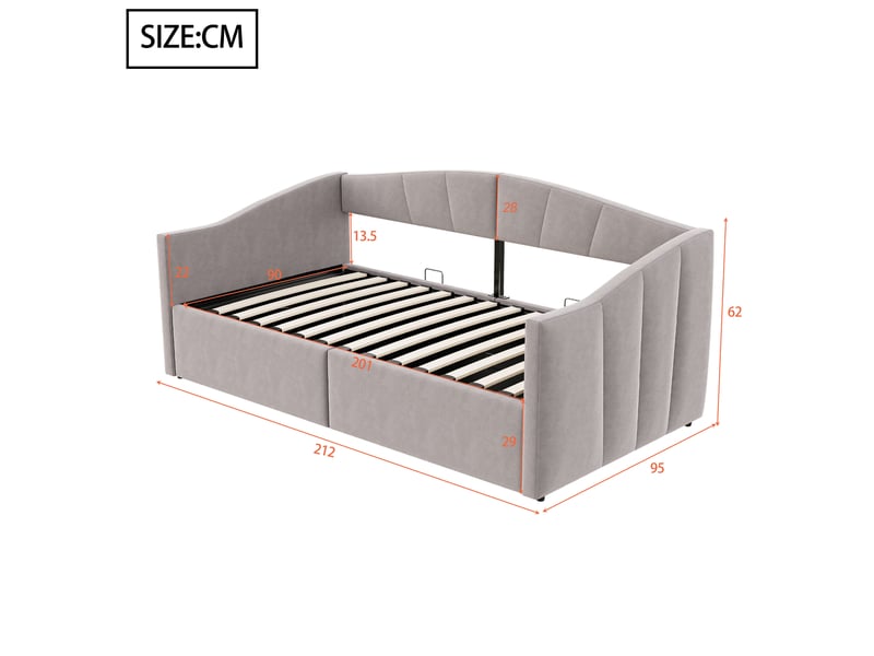  Lit enfant 90 x 200 cm, rangement grand volume, dossier et accoudoirs, tissu velours gris clair sans matelas  - Conforama C