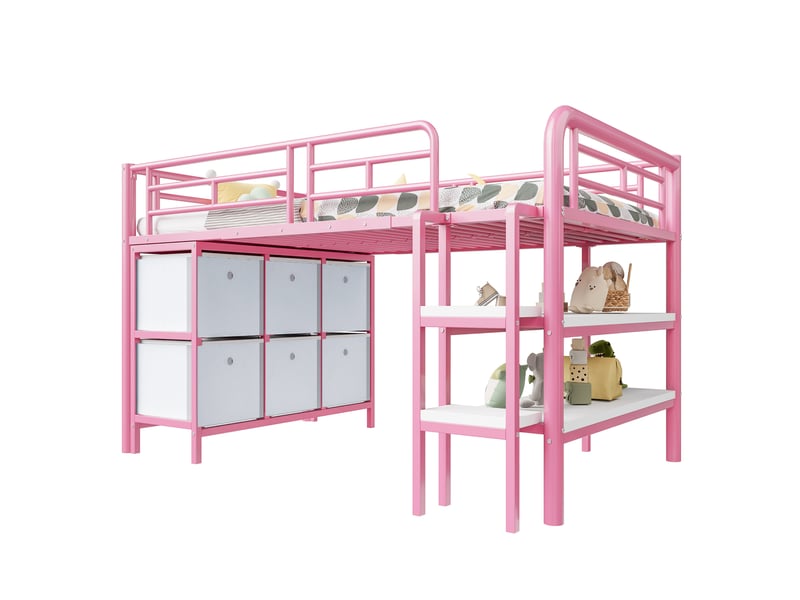  Lit mezzanine enfant 90x200 cm basse hauteur tiroirs rangements marches larges coins arrondis métal rose sans matelas  - Conforama E