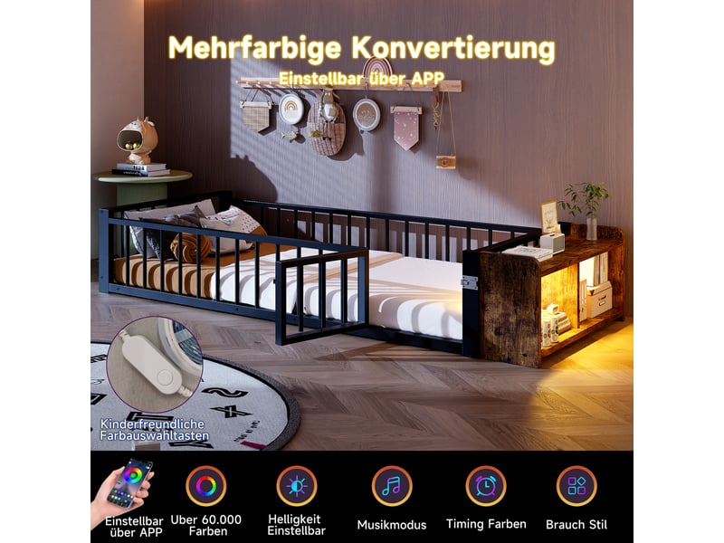  Lit enfant en métal - cadre métallique stable - dimensions 90x200 cm - couleur noir - garde-corps de sécurité 224x95x35.5cm - Conforama E
