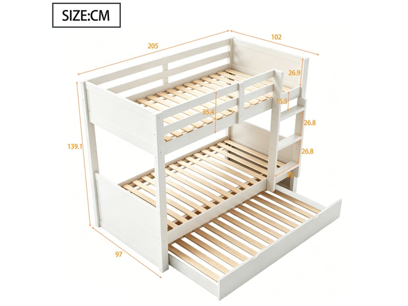 Lit superposé bois 90 x 200 cm blanc avec lit tiroir extensible, séparable en 2 lits simples, garde-corps, échelle et sommiers à lattes - Conforama E
