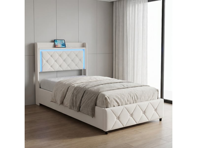  Lit avec 2 tiroirs 90x200, éclairage led et ports usbtype-c, lit simple, cadre de lit rembourré en velours avec tête de lit capitonnée et étagère, beige  - Conforama C