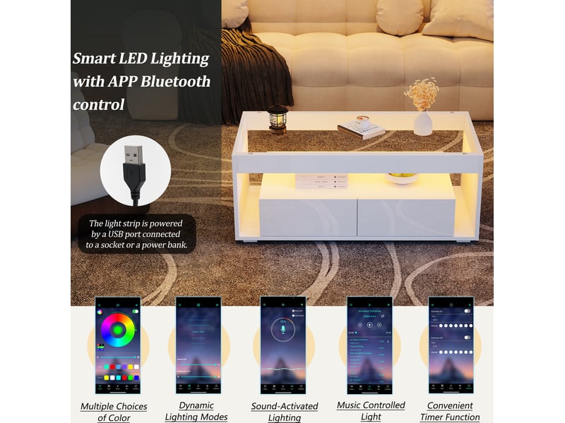  Table basse avec 2 tiroirs, 2 niches et led pour salon, en panneau de particules, blanche, 100 × 50 × 40 cm  - Conforama E
