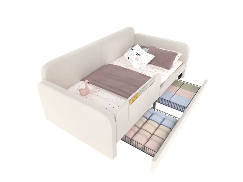  Lit enfant 90 x 200 cm avec 2 tiroirs, poches latérales et sommier métallique blanc  - Conforama A