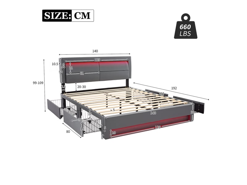 Lit avec rangement 140x190 cm , lit rembourré avec 4 tiroirs, led et usb, tête de lit en pu, sommier à lattes - gris (sans matelas) - Conforama E