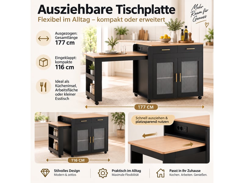  Desserte de cuisine avec tiroirs, placard et table extensible, prises et ports usb pour cuisine, 177×60×89,5 cm  - Conforama E