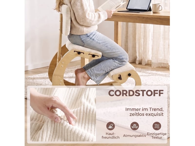  Chaise de bureau ergonomique à genoux avec dossier et bascule douce en polyester crème et bois  - Conforama C