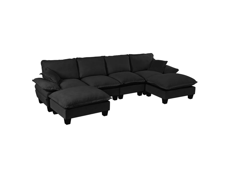 Canapé d'angle modulable en u modenvie 6 places en tissu chenillé noir avec module ottoman mobile - Conforama A