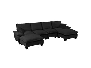 Canapé d'angle modulable en u modenvie 6 places en tissu chenillé noir avec module ottoman mobile