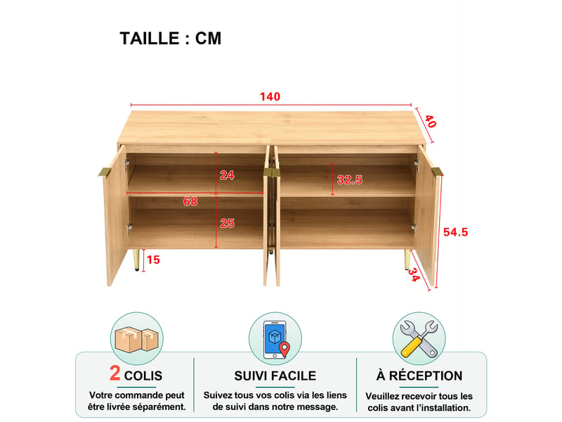 Buffet et enfilade avec 4 portes et étagères réglables, pieds en métal doré, pour salon, en mdf, 140×40×72 cm naturel - Conforama D