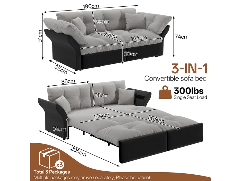  Canapé convertible queen-size 190 cm - velours côtelé gris clair - 3 en 1 - 2 coussins et boutons  - Conforama C