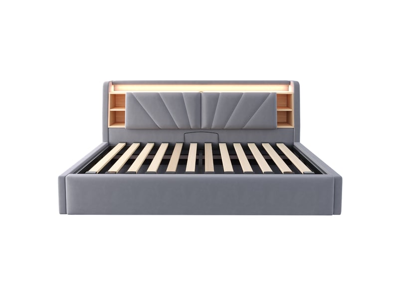  Lit coffre rembourré 90 x 200 cm – avec étagères – avec espaces de rangement – ​​avec éclairage led et port usb – gris foncé (matelas non inclus)  - Conforama R