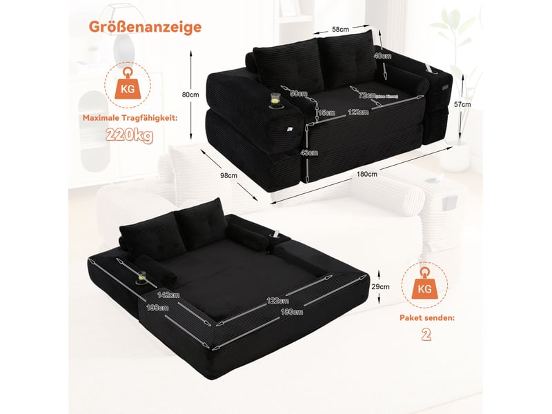  Canapé droit convertible 2 places en velours côtelé noir, avec poches latérales et porte-gobelet intégré  - Conforama C