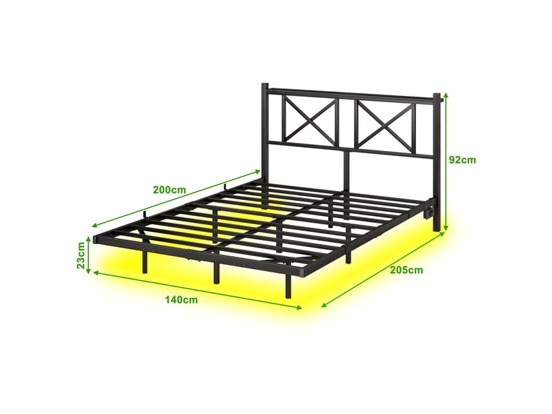  Lit double 140×200 cm avec tête de lit, led, étagère et ports usb - okmyhome- métal noir, sans matelas  - Conforama D