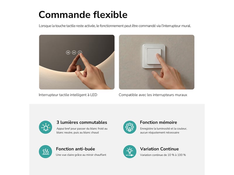  Emke miroir de salle de bain led rond diamètre 70 cm, anti-buée, rétro-éclairage sans cadre, interrupteur tactile, 3 couleurs de lumière  - Conforama E