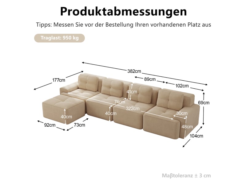 Canapé d'angle modulaire ulevr 4 places convertible, velours côtelé beige, assise profonde 74 cm, 382 x 177 x 69 cm, sans montage - Conforama C