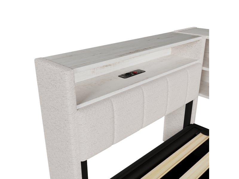 Lit coffre 90 × 200 cm en velours blanc, led, usb-c et module latéral réversible avec rangements Fay Lum - Conforama E