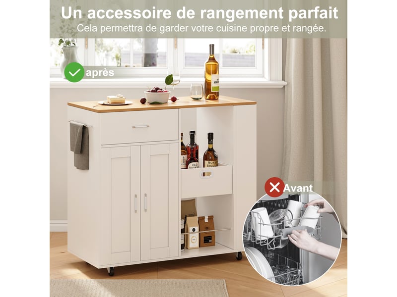  Desserte de cuisine à roulettes, îlot de cuisine mobile, buffet de cuisine, 46 x 102 x 92 cm, avec porte-serviettes, 2 portes 1 tiroir, blanc  - Conforama D