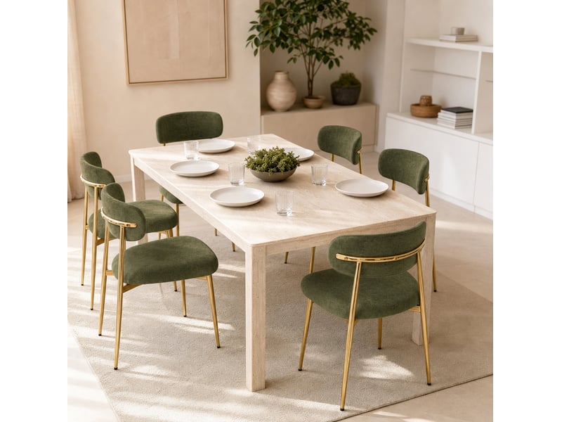  Lot de 6 chaises de salle à manger, dossier courbé, métal et bois, couleur vert et doré  - Conforama B