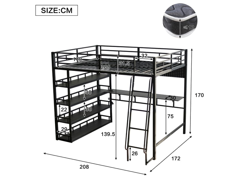  Lit mezzanine 140x200 cm, lit enfant avec rangement, port usb de charge et échelle inclinée, métal, noir, sans matelas  - Conforama C