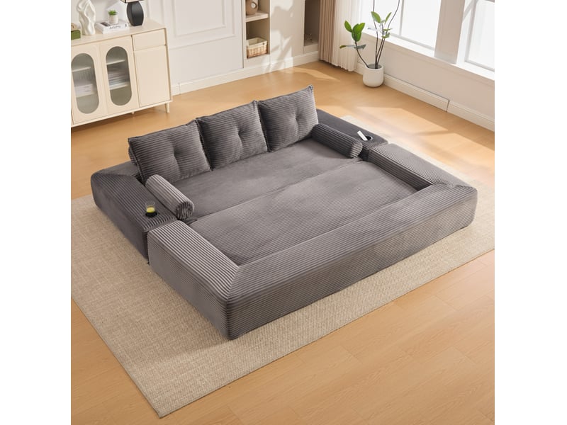  Canapé-lit convertible 3 places 232x98x80 cm avec 2 coussins décoratifs, poches et porte-gobelets, velours côtelé, gris  - Conforama B