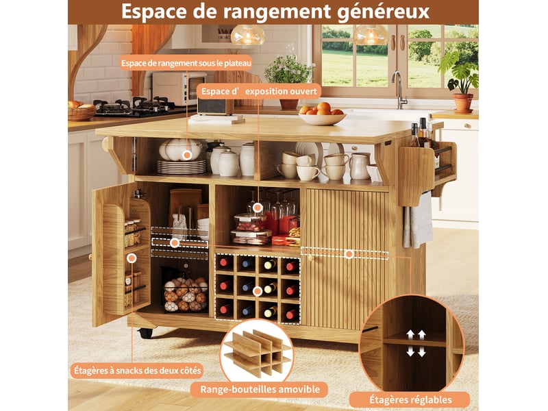 Îlot de cuisine mobile 142,5x80x95 cm, rallonges pliantes, rangement cuisine, desserte cuisine, mdf et métal, naturel - Conforama D