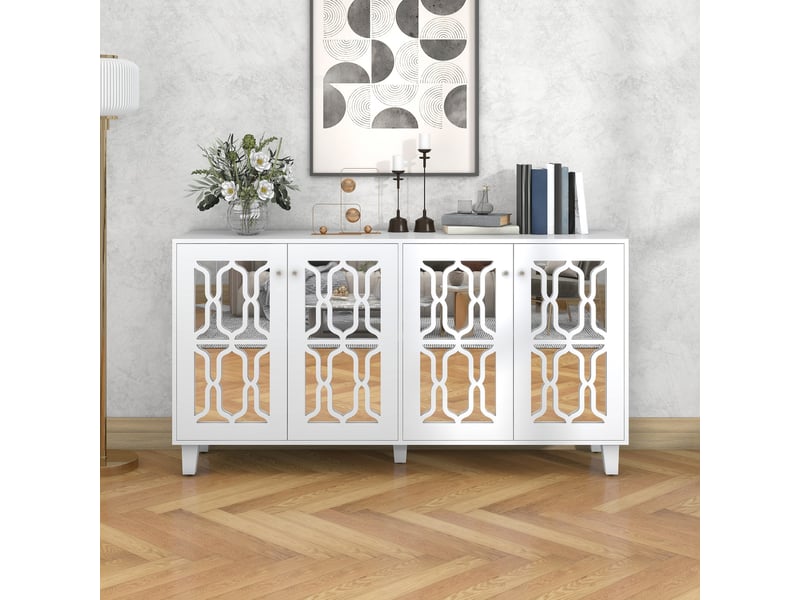  Meuble de cuisine muvano, buffet blanc miroir 4 portes, étagère amovible, 160 × 40 × 84 cm  - Conforama B